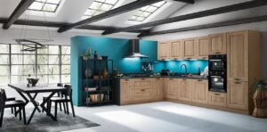 CUCINA A TELAIO IN ROVERE NATURALE E PIANO NERO FIAMMATO